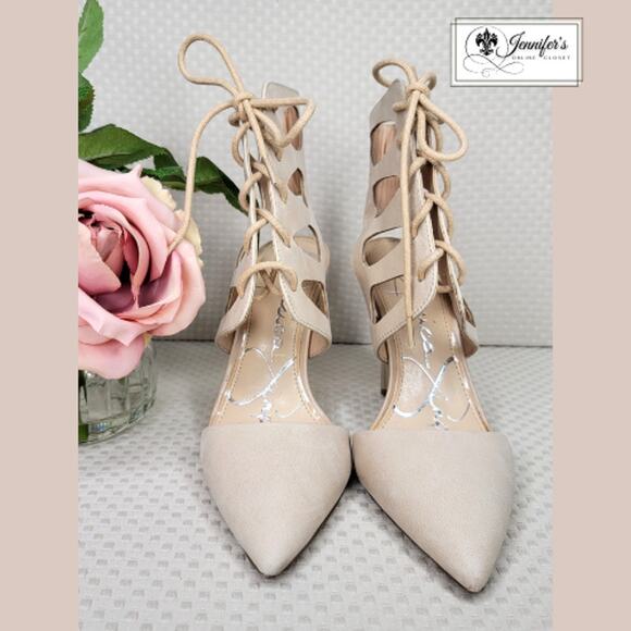 3/$25 Jessica Simpson Bisque Cecerre Lace Up Cut Out Heels - Picture 3 of 14